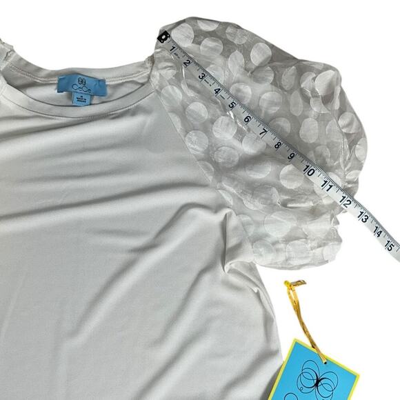 CeCe Mixed Media Round Neck Polka Dot Puff Short Sleeve Top Medium White NWT - Picture 8 of 10